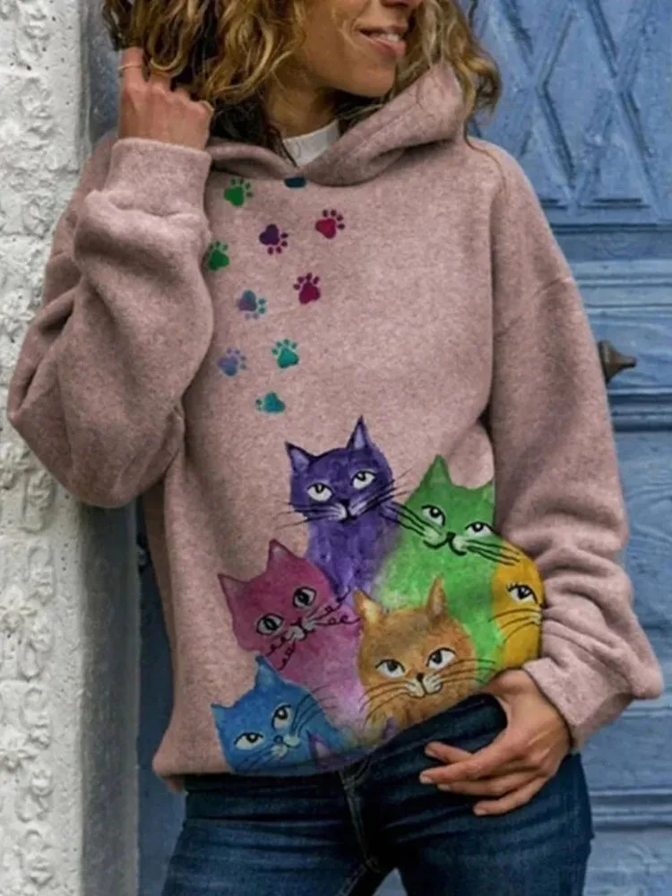 2023 Streetwear Hoodies Women Sweatshirt Autumn Winter Long Sleeve Harajuku Cat Print Sweatshirts Casual Pullover Women Clothing