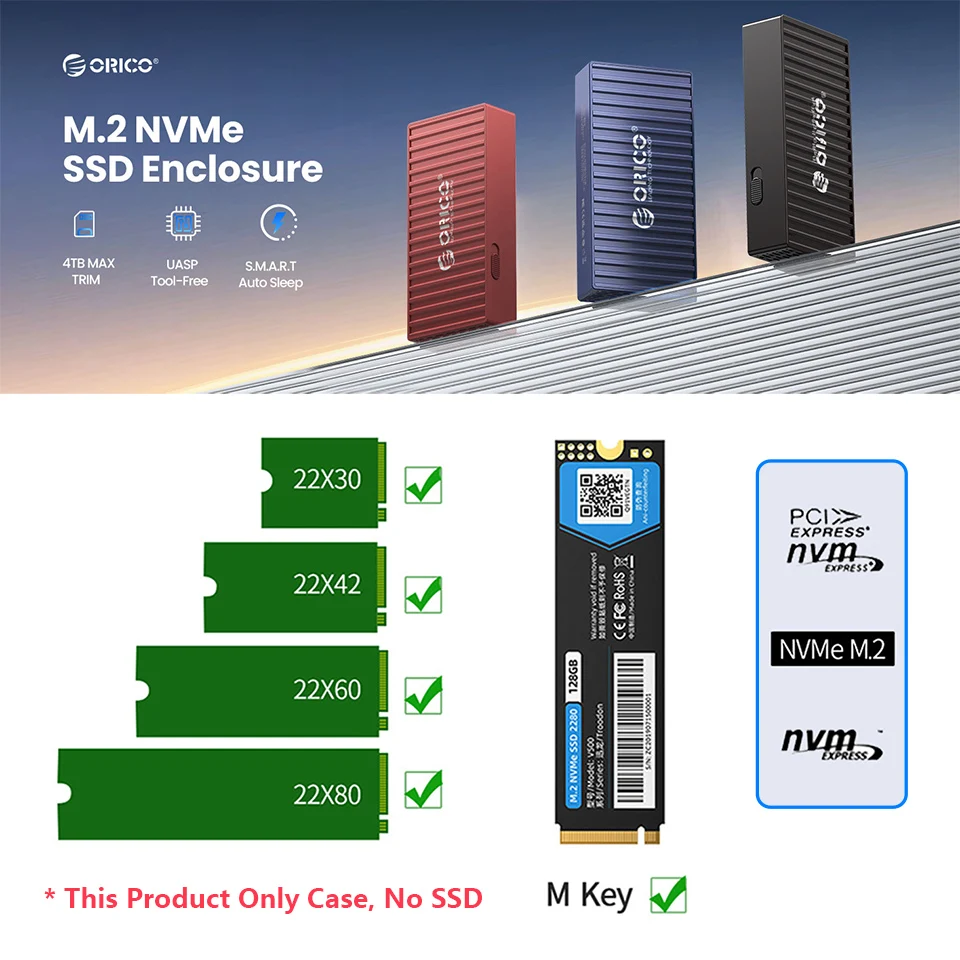 ORICO 고속 M2 NVMe SSD 인클로저, USB 3.2 GEN2 PCIe HD 외장 케이스, PC 노트북용 M.2 하드 드라이브 디스크 보관함, 20Gbps