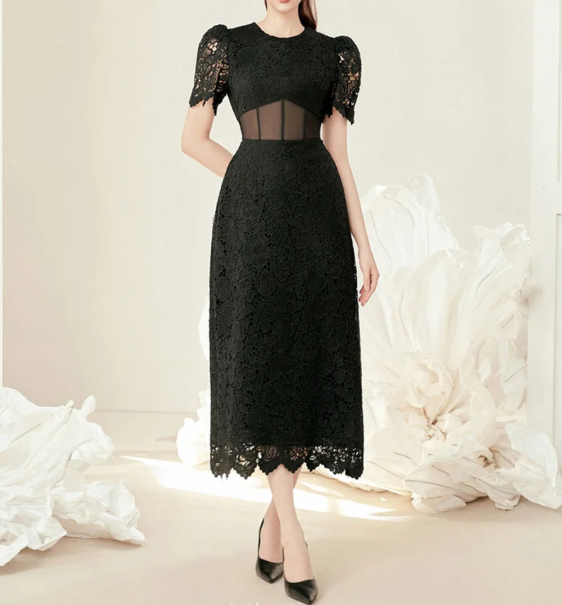 

Винтажное Элегантное Черное Кружевное Сетчатое лоскутное платье макси женские прозрачные вечерние платья с коротким рукавом для офиса