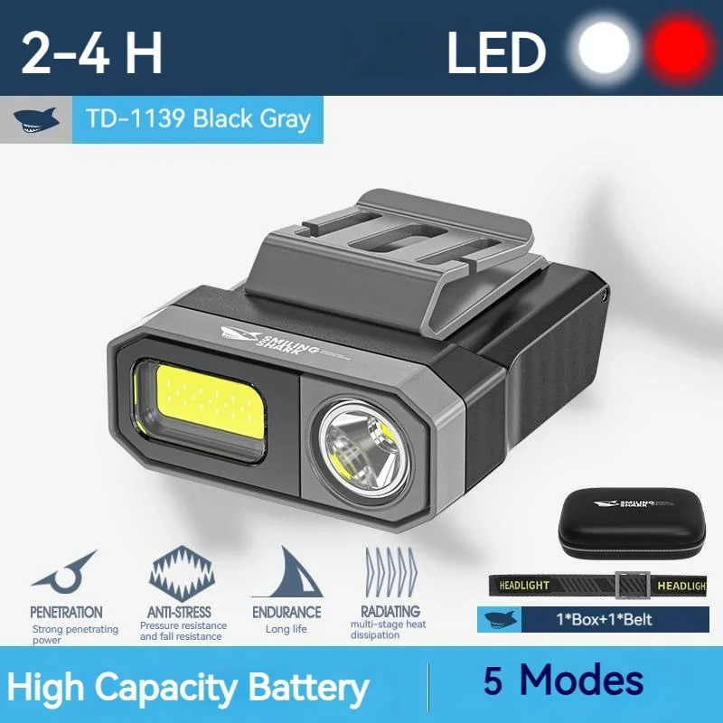 Lampe Frontale LED COB Clip Rouge Rechargeable USB - Capteur Induction, Lumière Blanche/rouge