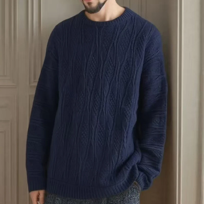 Primavera Autunno Nuovi maglioni casual Moda uomo girocollo manica lunga maglione lavorato a maglia Trendy Twist Textured Crochet Jumper Top 2