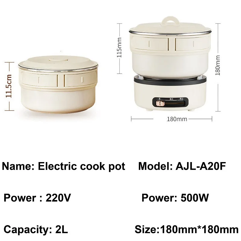 2l Multifunctionele Draagbare Elektrische Hete Pot Student Noodle Cooker Reis Opvouwbare Pot Mini Elektrische Kookpot Instant Pot 220V