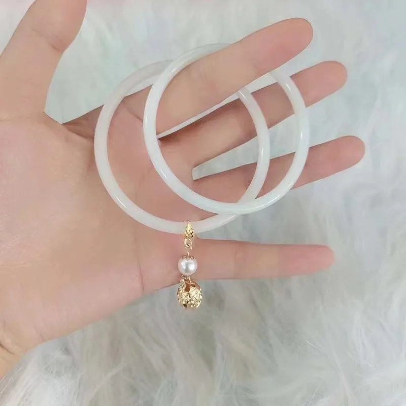 2Pcs/Set Natural Jade Jingle Bangles Retro Fairy Bell Glass Bracelet Femme Fashion Women's Casual China Jewelry Gifts