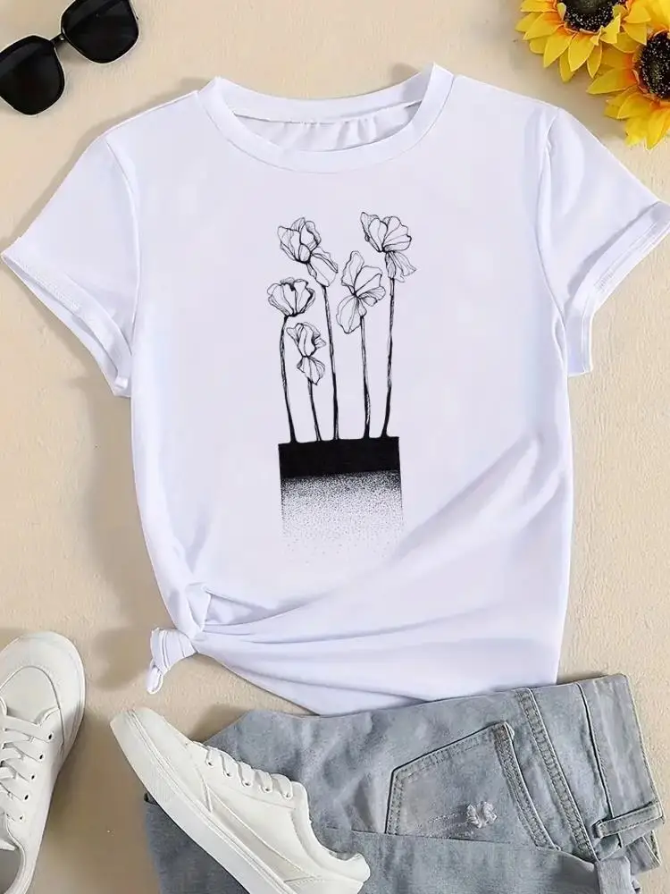 

Watercolor Trend Cute Flower Female Clothes Fashion Casual Tee T Shirt Clothing Women Top Short Sleeve Printed Graphic T-shirts