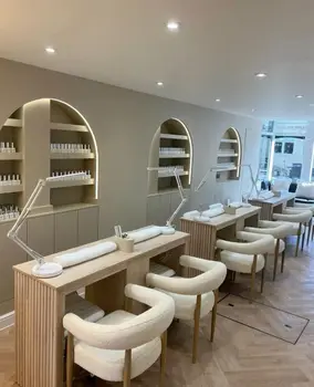 Attrezzatura per salone di unghie personalizzata Tavolo tecnologico per unghie leggero a led in legno massello con scrivania e sedia per manicure da salone con collettore di polveri in vendita