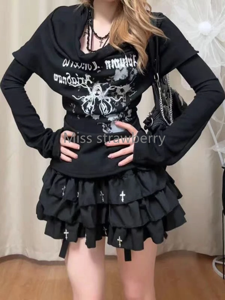 Summer Gothic Slim Black Print T-Shirts Women Hot Girl Y2k New Short Sleeve Tees Female High Street Retro Aesthetic Clothing 3