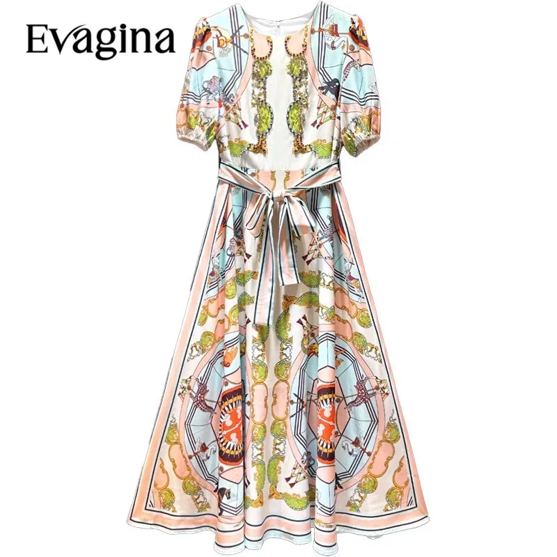 

Evagina Fashion Vintage Print Beading Lace-Up High Waisted Long dress Spring Summer Women's Puff Sleeve Holiday Dresses