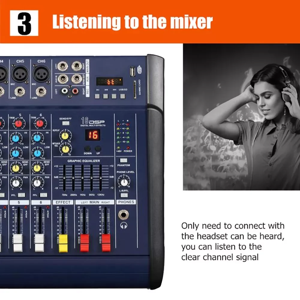 M602D 디지털 믹서 콘솔 오디오, 팬텀 파워 믹서, USB 6 채널 앰프, 전문 오디오 DJ 믹서, 사운드 시스템, 48V