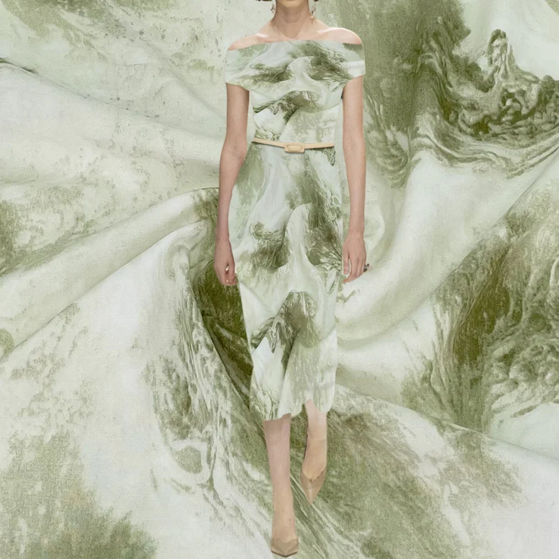Tessuto Chiffon Stampato Drappeggiato Resistente Alle Rughe Green Hills E Green Water Dress Cheongsam Abbigliamento Tessuti Di Alta Qualità