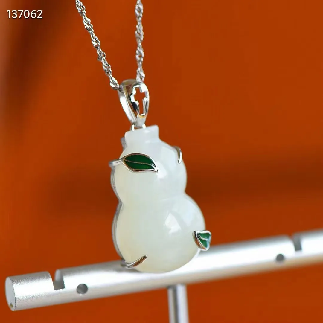 

Natural 100% real Sterling Silver necklace mosaic white hetian jade gourd Bless peace pendant jewellery for woman gifts luckly