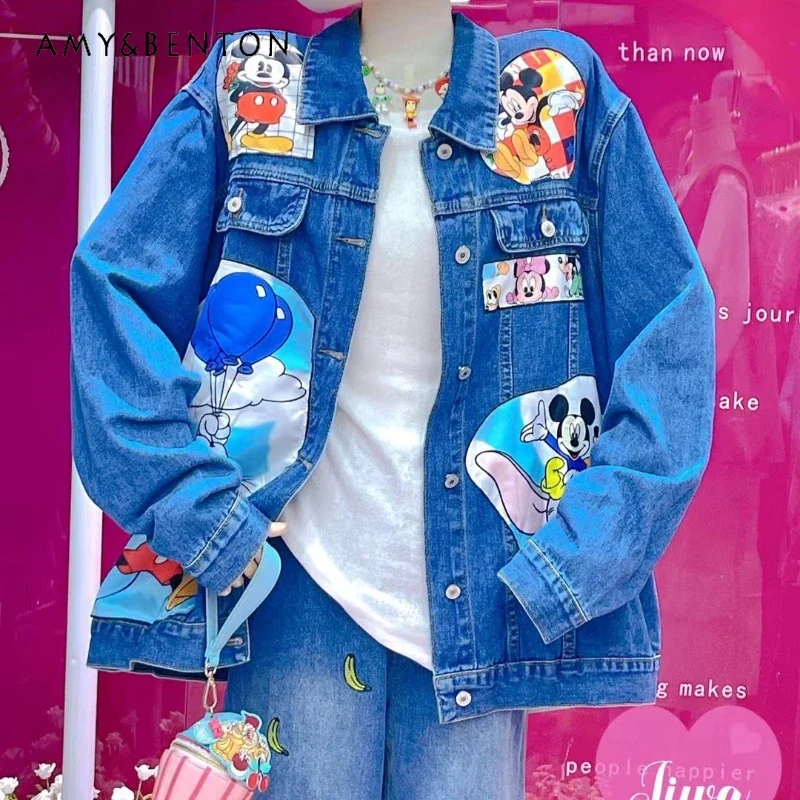 Potdemiel Autumn Winter Cartoon Loose Oversize All-Matching Jeans Jacket Street Fashion Design Top Denim Coat Outwear For Women fashion women ripped denim button pocket 2022 new design skinny oversize cotton casual high waist skinny pocket jeans