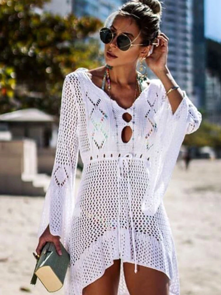 Women Beachwear Crochet Tunic Beach Wrap Dress Swimwear Swimsuit Cover-ups Sexy White Summer