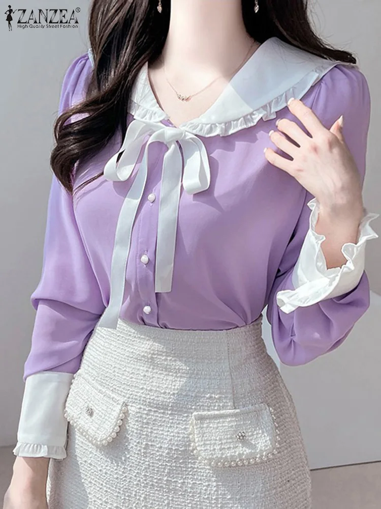 

ZANZEA Women Ruffles Puff Long Sleeve Blouse 2023 Fashion Tie Doll Collar Shirt Office Elegant Top Vintage Chic Patchwork Blusas