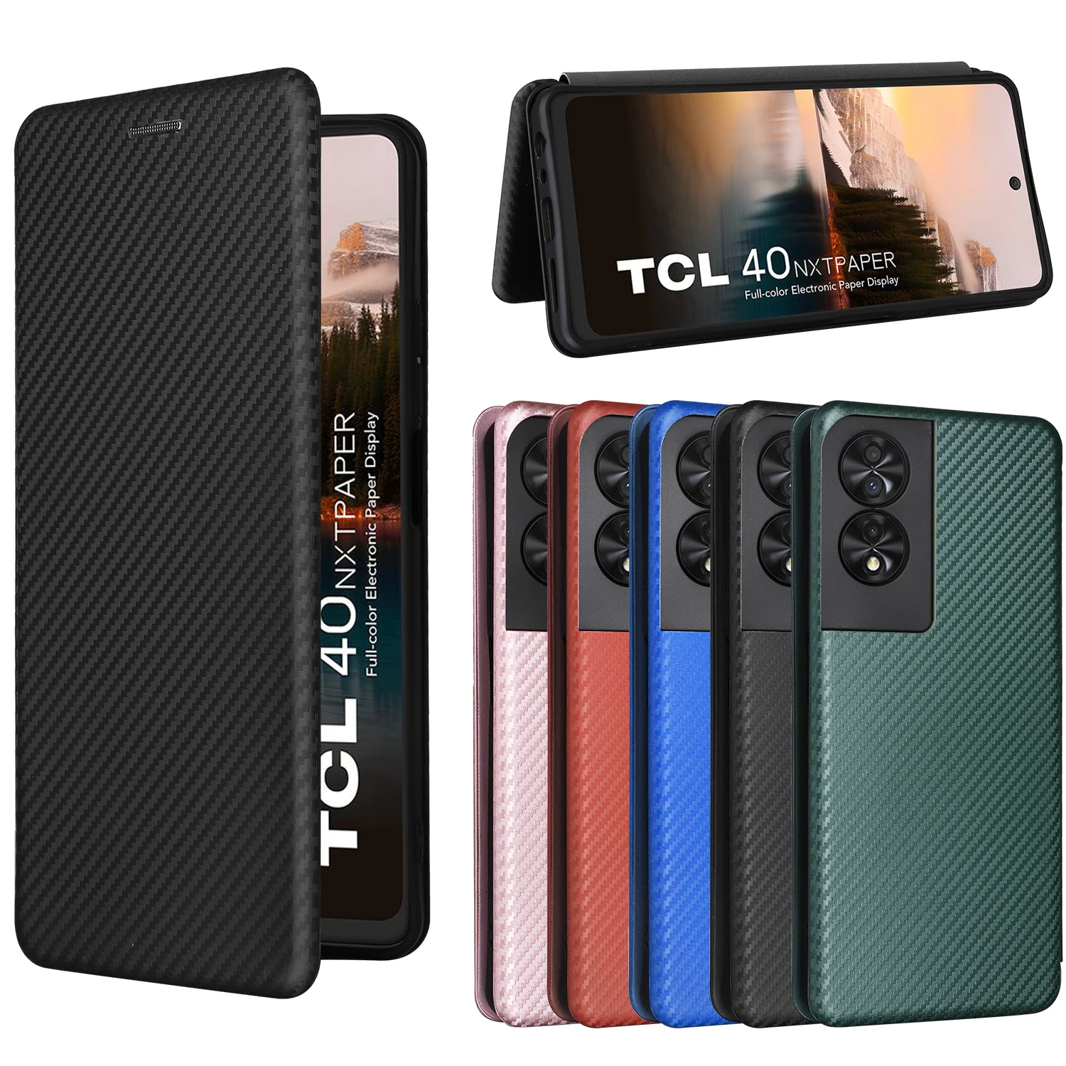 TCL 40 NxtPaper 4G T612B 케이스 용 탄소 섬유 자기 플립 북 스탠드 카드 지갑 가죽 보호 커버