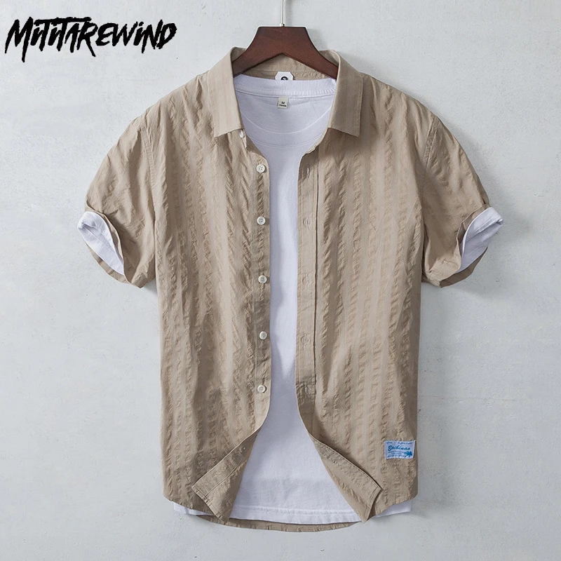 

2024 Harajuku Male Shirts Summer Beach Holiday Shirt Pure Cotton Short Sleeve Striped Shirt Comfortable Versatile Tops Simple