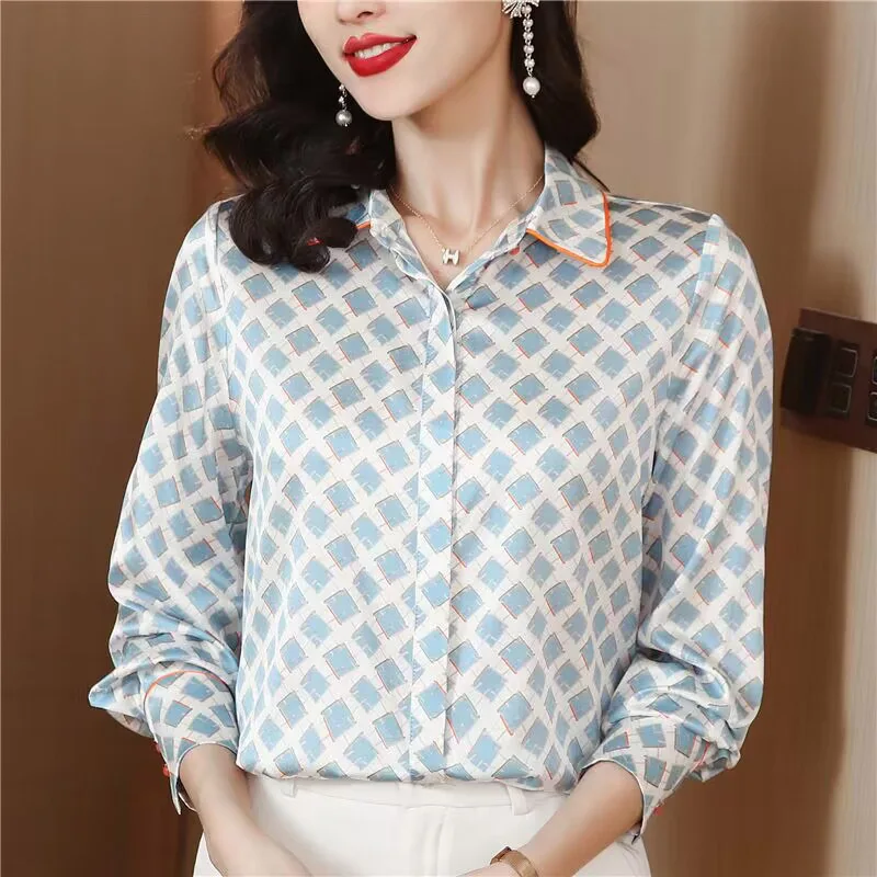 Women Clothing Casual Commuting Simplicity Shirts New Spring Lady Long Sleeved Plaid Printed Loose Blouses Female Tops