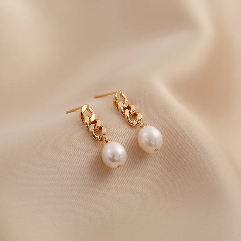 Freshwater Pearl Drop Earrings Gold Metal For Women