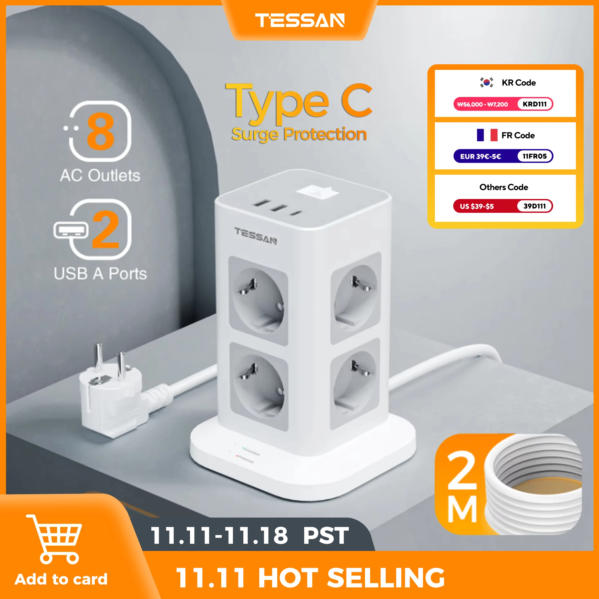 TESSAN Tower Extension Power Strip with USB 2M Extension Cord with EU Plug Tower Multiple Socket with Switch Surge Protection