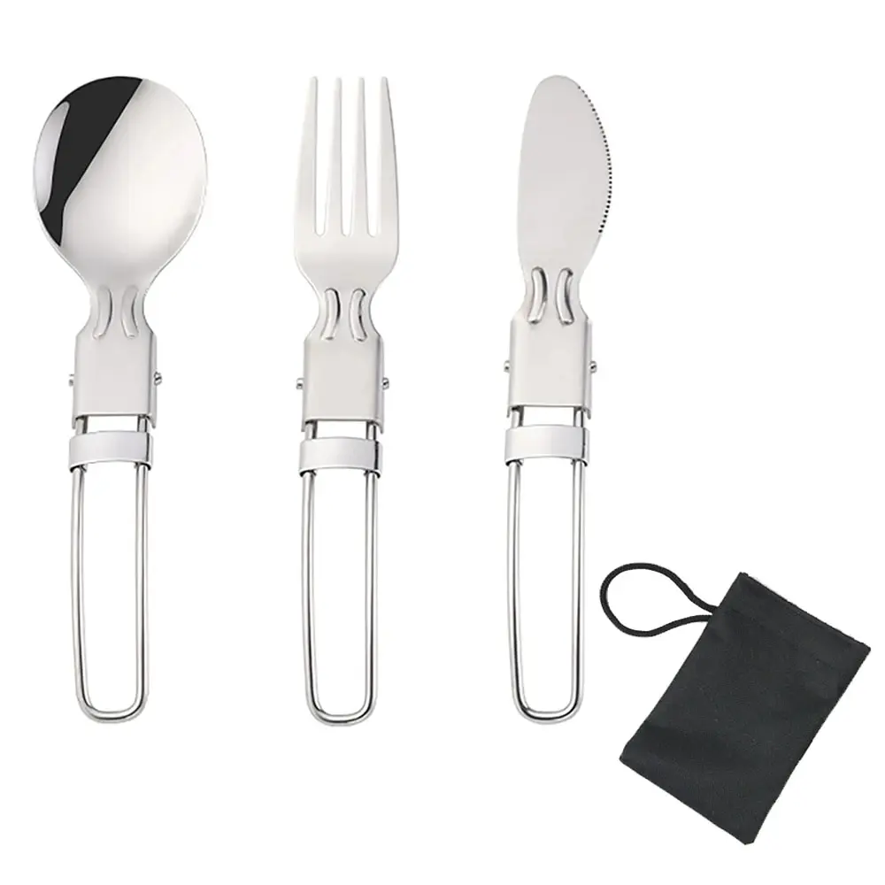 Camping Flatware Set – Foldable Stainless Steel Spoon, Fork & Knife with Nylon Bag 1