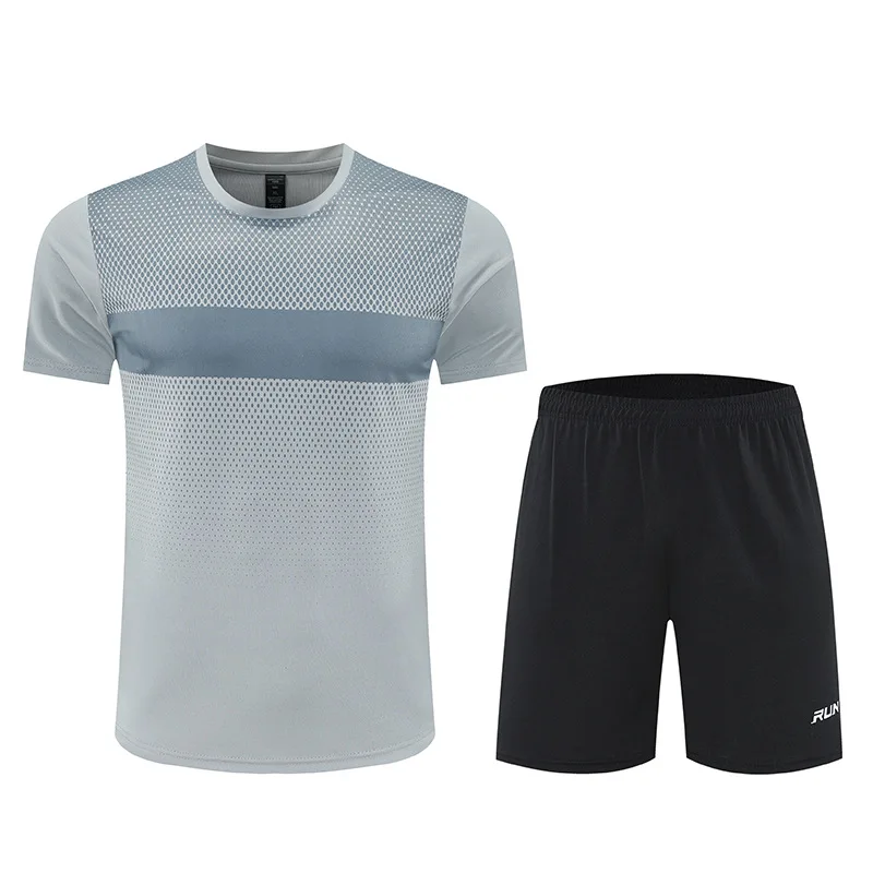 퀵 드라이 2피스 세트 남성용 러닝 스포츠 슈트 피트니스 통기성 반팔 편안한 신축성 허리 반바지 운동복 세트