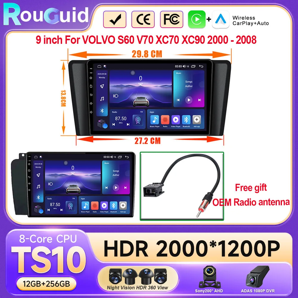 Radio Multimedia para Auto Android 16 de 9 Pulgadas para VOLVO S60 V70 XC70 XC90 2000-2008, Reproductor de Video, Navegación GPS, Sin DVD 2din, QLED 1
