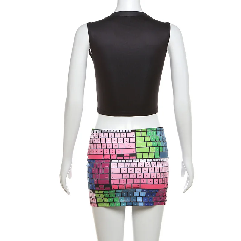 3D Printed 2 Piece Set Y2K Streetwear 2024 Summer Sleeveless Crew Neck Tank Crop Tops Wrapped Hip Mini Skirts Tracksuits