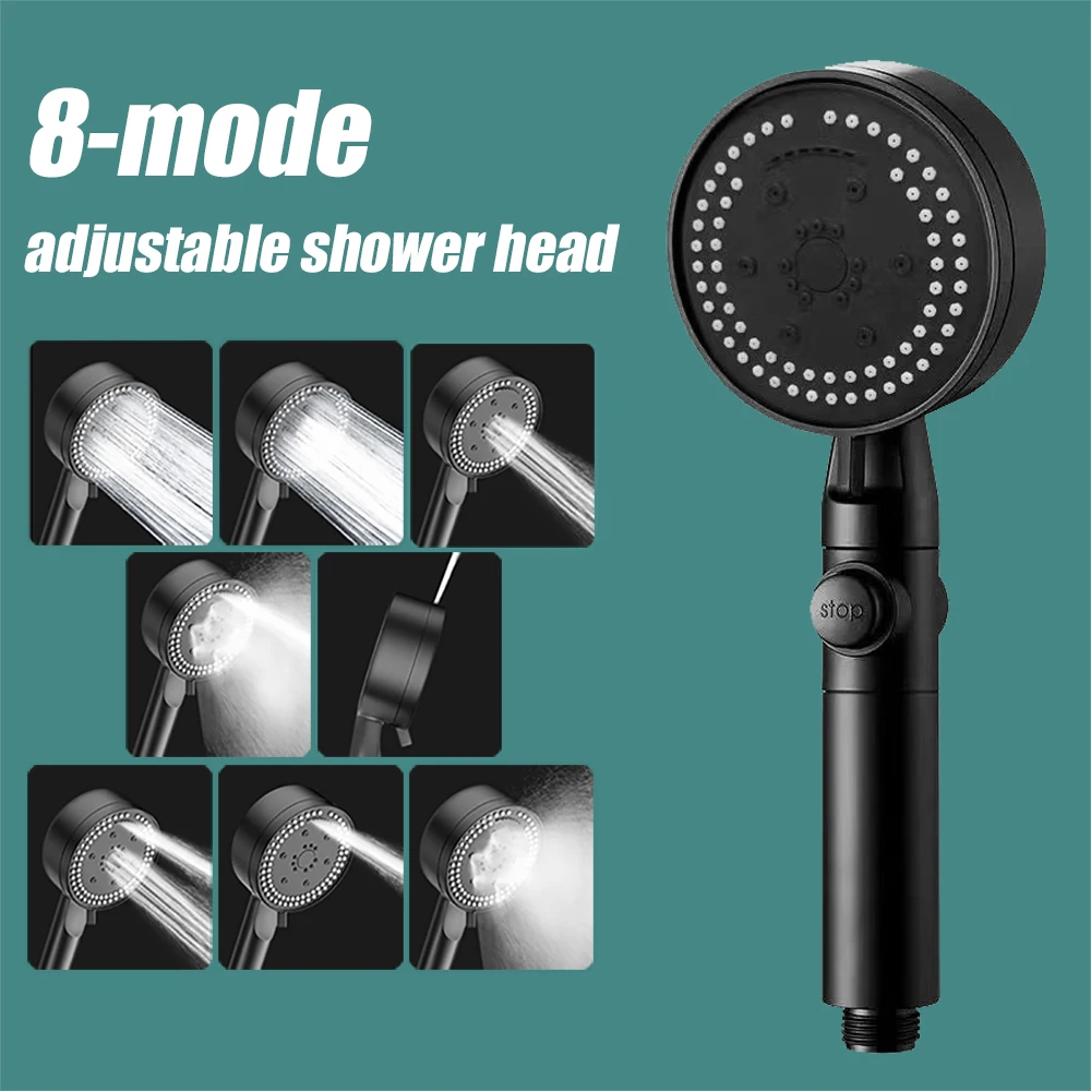 Shower Head Shower Nozzle 8 Modes High-Pressure Shower Head Fall Resistance Black Handheld Showerhead Water Saving Bathroom Shower Accessories