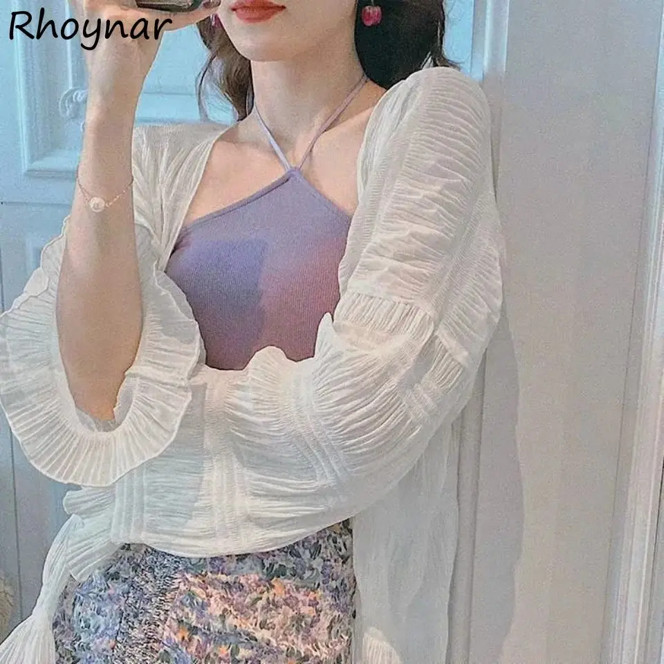 

New Jackets Women Loose Thin Fairycore Sweet Flare Sleeve Ruffles Simple Vintage Pure Chic Outerwear Sun-proof Summer Aesthetic