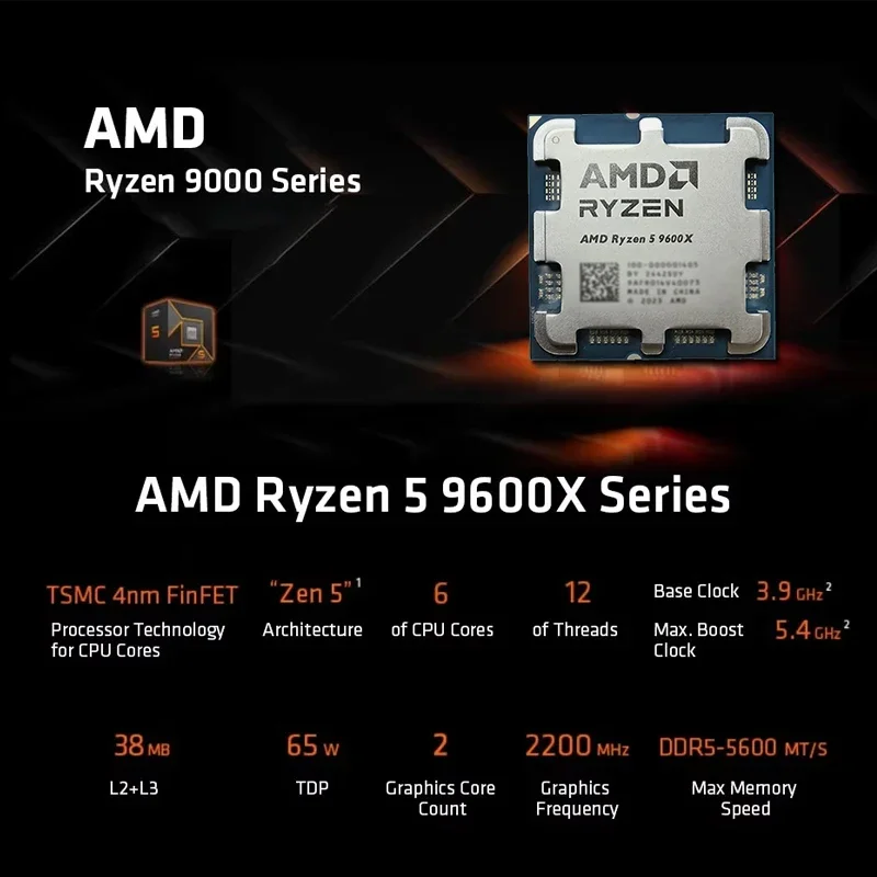 AMD 라이젠 5 9600X CPU 6코어 12스레드 32MB L3 캐시 최대 5.4GHz B850 X870 AM5용 루즈 피스 - 데스크탑 프로세서