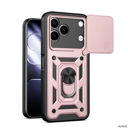 Shockproof Phone Cover with Slide Camera Lens and Ring Stand Holder for Tecno Spark 50 4G (Rose Gold)