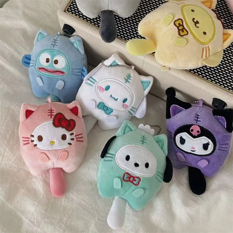 

Kuromi Cinnamoroll Cross-dressing Cat Doll Keychain My Melody Anime Cartoon Backpack Cute Pendant Children Plush Toys