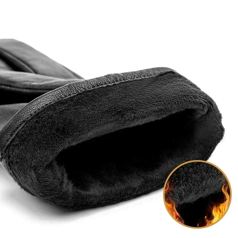 Mens Winter Black Leather Gloves Fleece Touchscreen Lined Water-Proof For Motorcycle Driving Dress Real Sheepskin Warm 3