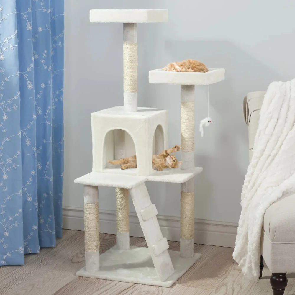 

4-Tier Cat Tower Tree with Napping Perches, Condo, Ladder, 5 Sisal Rope Scratching Posts, and Hanging Toy for Indoor Cats(White)