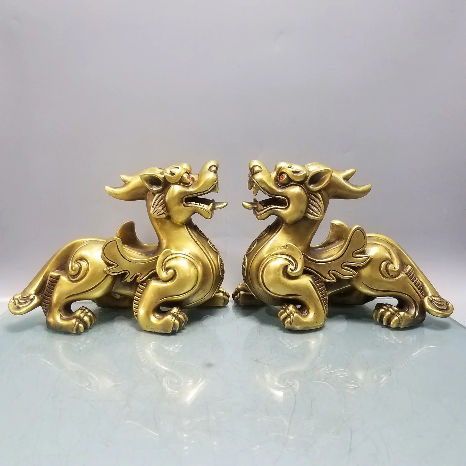 

15"Tibet Temple Collection Old Brass Brave Troops Statue Unicorn Divine Beast A Pair Amass wealth Ornaments Town house