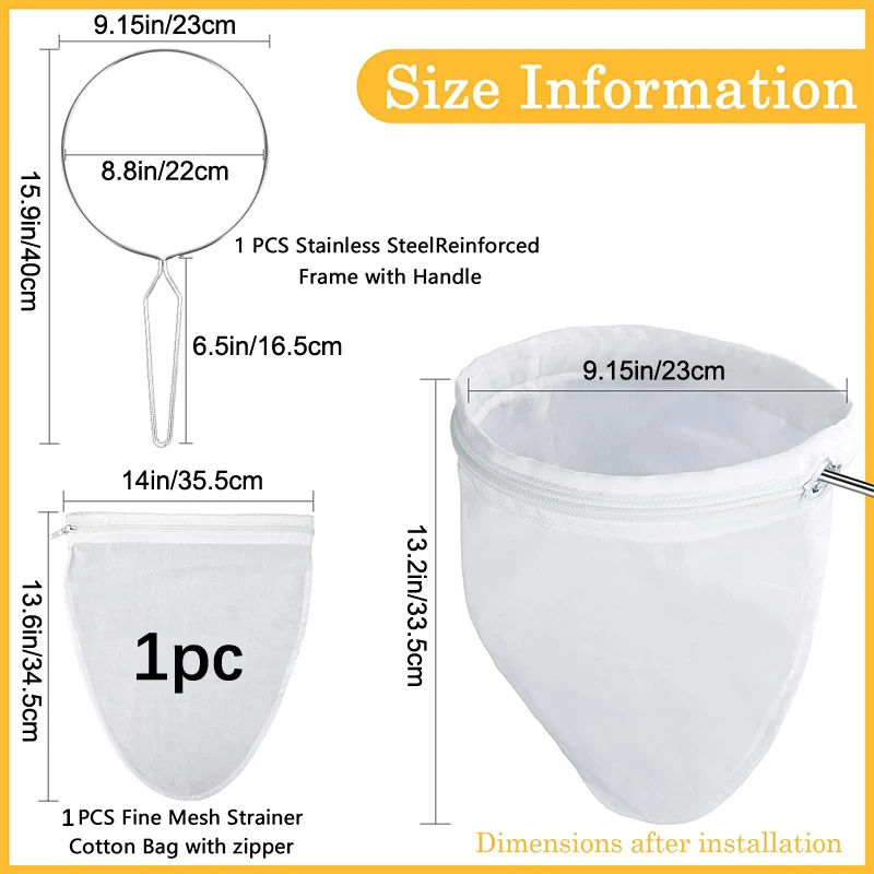 שקית בד גבינה לסנן, שקי מסנן רשת דקים במיוחד, עם מסגרת ידית מפלדת אל-חלד למיץ, חלב אגוזים