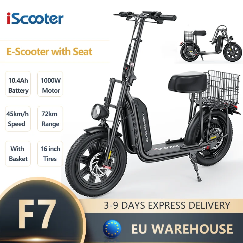 Trottinette électrique iScooter F7 1000W à propulsion arrière, pneus tout-terrain de 16 pouces, vitesse maximale de 45 km/h, batterie 48V10.4Ah, autonomie de 64-72 km, trottinettes pour adultes avec application, panier pliable pour les trajets quotidiens 1 Trottinette électrique iScooter F7 1000W à propulsion arrière, pneus tout-terrain de 16 pouces, vitesse maximale de 45 km/h, batterie 48V10.4Ah, autonomie de 64-72 km, trottinettes pour adultes avec application, panier pliable pour les trajets quotidiens 1