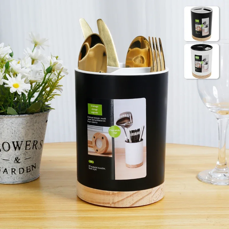 Kitchen Utensil Holder 360&deg; Rotatable 3-Grid Tableware Drainer Chopstick Spoon Utensil Storage Bucket Removable Divider
