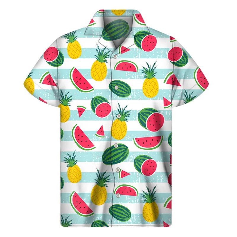 Camisa hawaiana con estampado de sandía colorida 2024, camisetas de verano de manga corta con botones de frutas estampadas en 3D, ropa para hombre, blusa con solapa