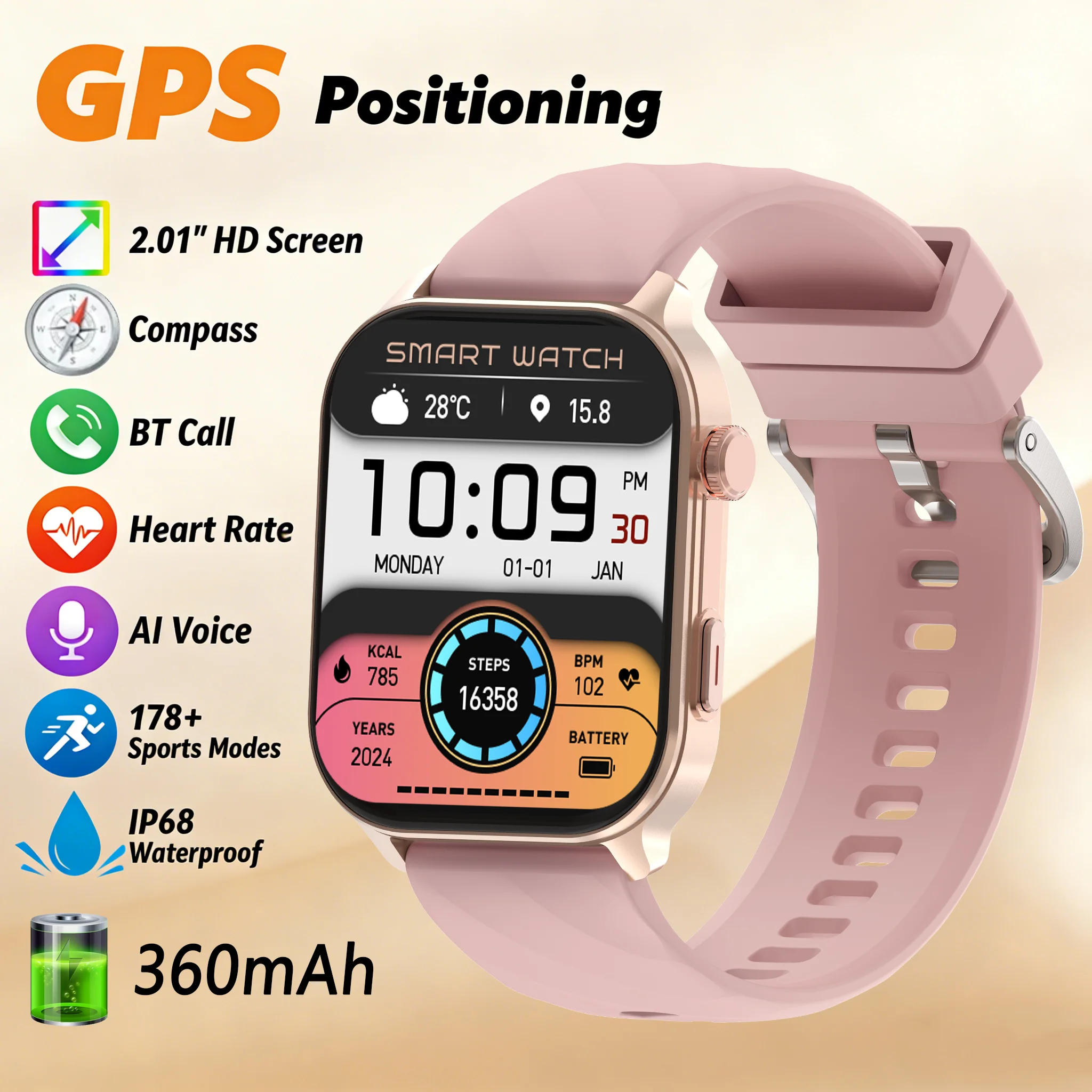 2026 new For Android IOS GPS Smart Watch Women 2.01" HD Screen Heart Rate Bluetooth Call Compass IP68 Waterproof Men Smartwatch 1