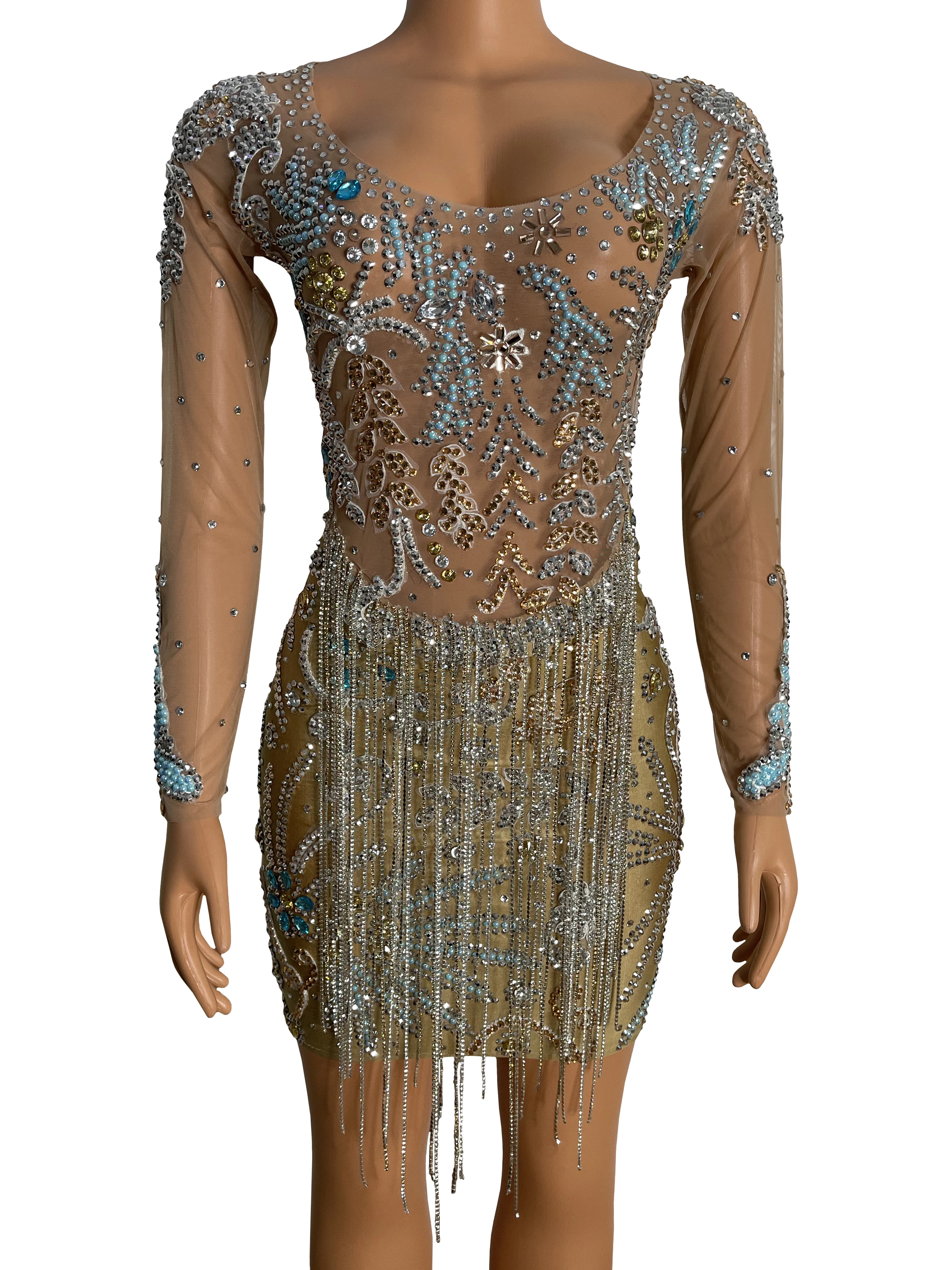 

Transparent Sexy Rhinestone Dress Evening Celebrate Crystals Chains Fringes Short Dress Dancer Show Prom Birthday Costume