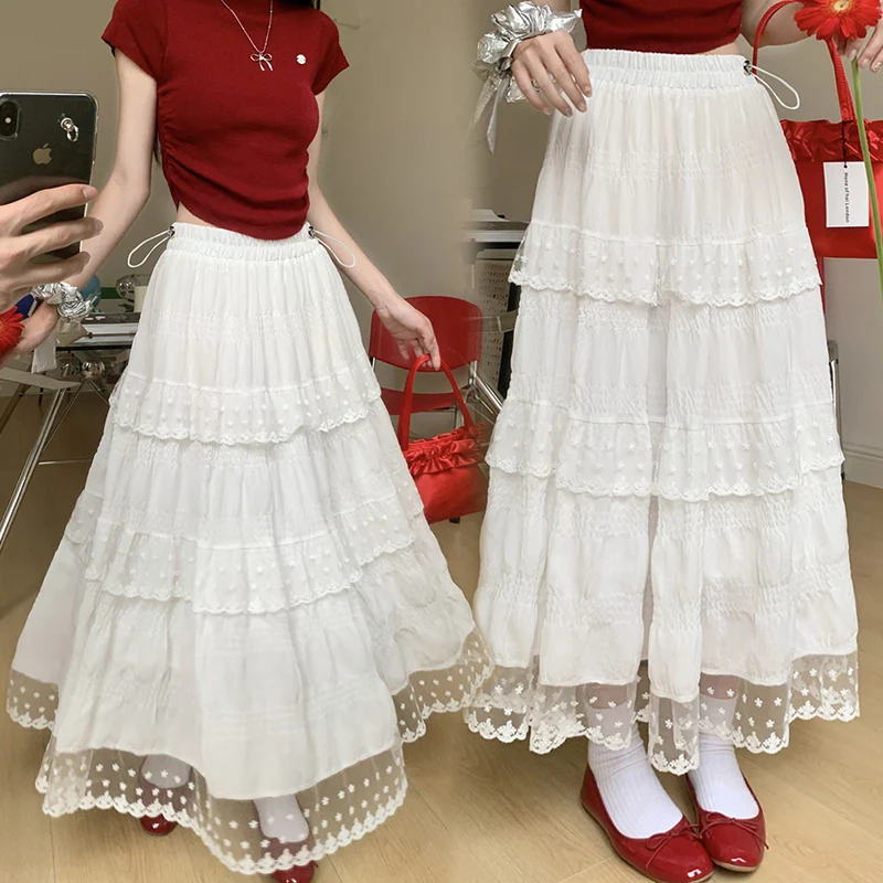French Style Pregnant Woman Lace Skirts for Summer Sweet Mesh Hem Patchwork Drawstring Waist Elegant Maternity Long Cake Skirt