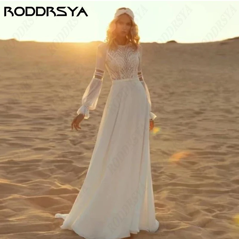 

RODDRSYA Chiffon Long Puffy Sleeve Boho Wedding Dress For Women O-Neck Lace Applique Bridal Gown Vintage A-Line Vestido De Noiva