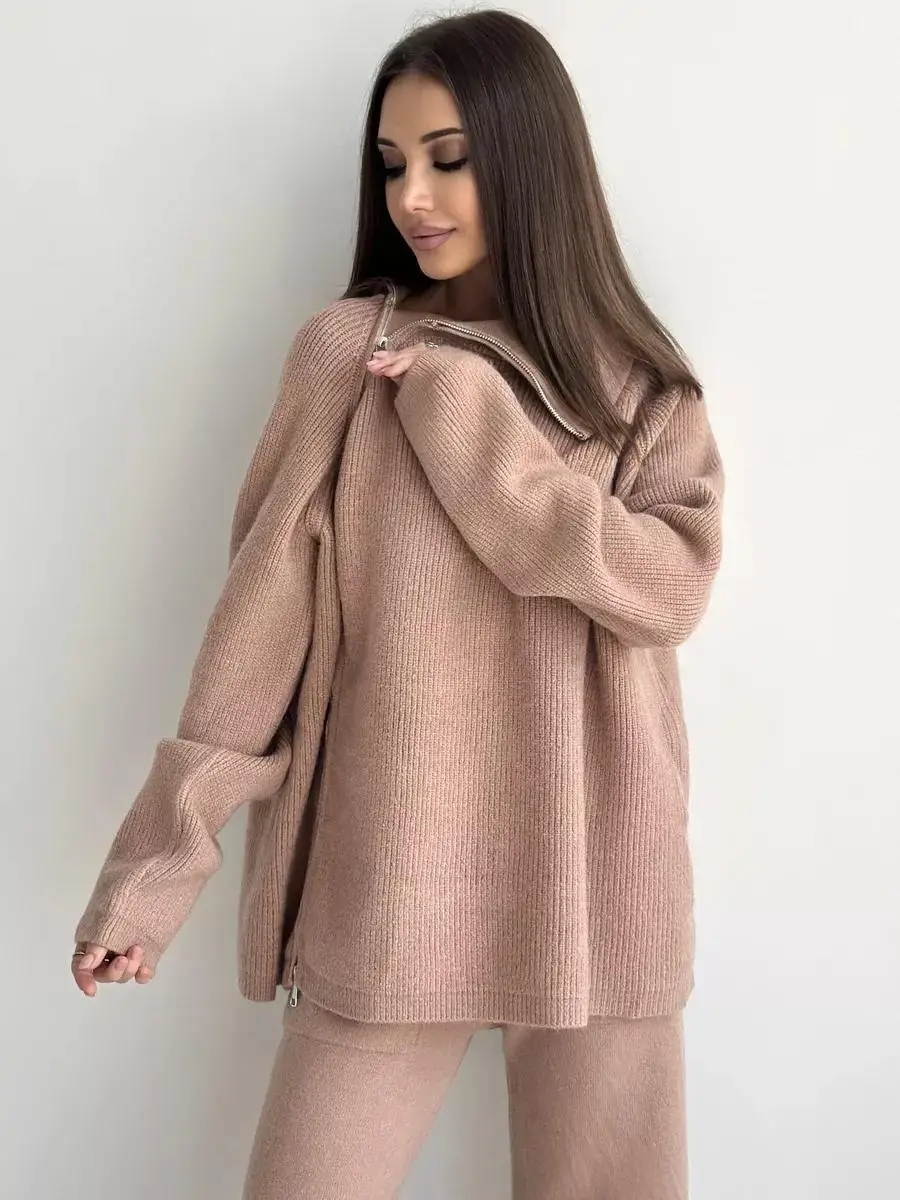 Knit Zipper Women's Pants Sets For Women Slim Lapel Long Sleeve Pullover And Patchwork Straight Legg 2 Piece-Set Winter