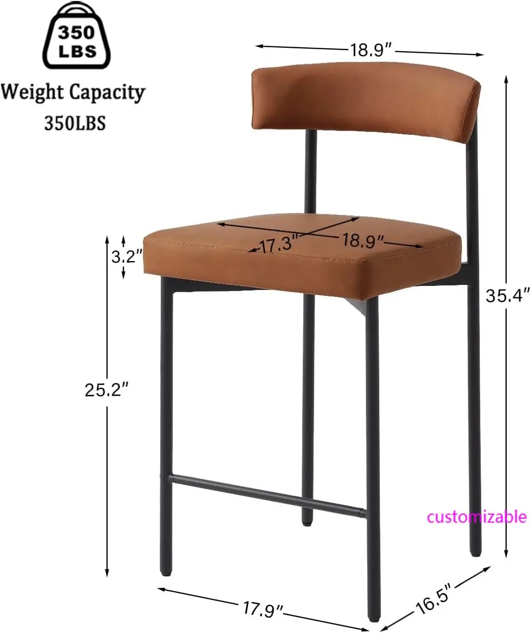 Brown Modern Bar Stools Set of 2, 24 Inch Faux Leather Counter Stools with Curved Backrest, Counter Height Bar Stool