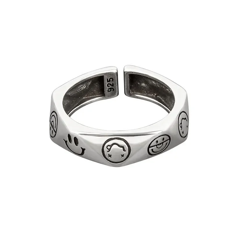 LIVVY Silver Color Smiling Face Ring Simple Geometry Thai Silver For Women Fashion Creative Party Jewelry Gift