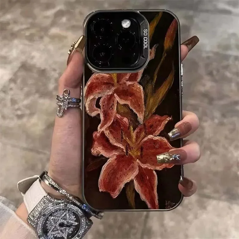 Retro Elegant Red Lily Flower Hard Case - Matte Cartoon Armor Cover