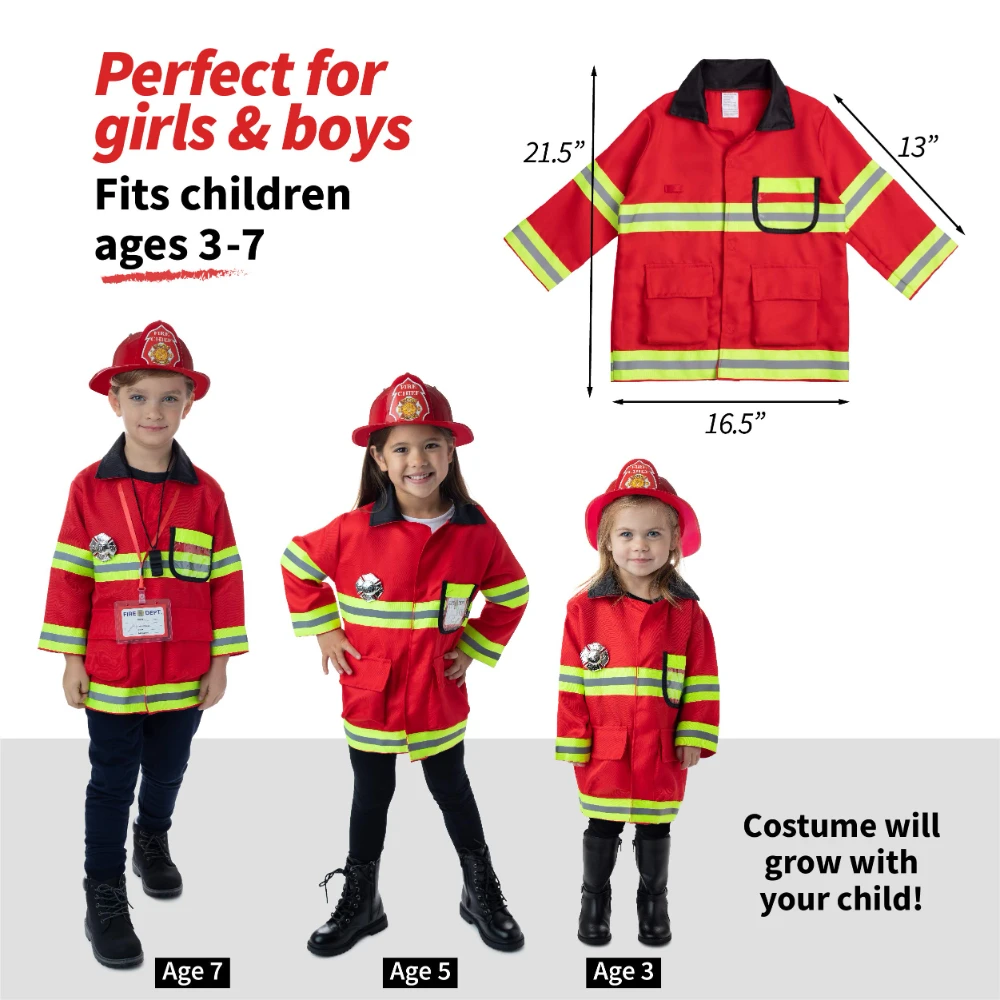 WizKidz Premium Washable Kids Fireman Costume Toy with Complete Firefighter Accessories for Boys & Girls Toddlers and Children 4