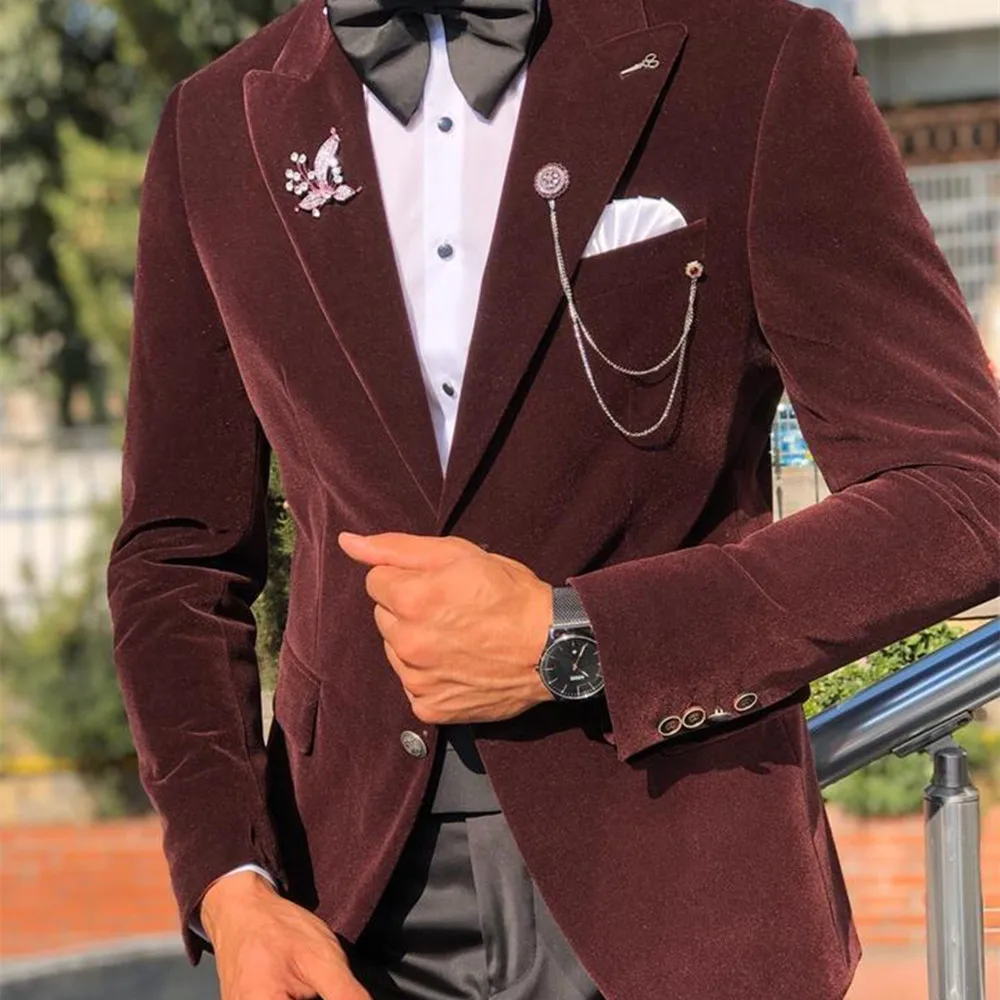 Men's Burgundy Velvet Prom Costume, Tuxedo, Groom Slim Fit, Terno Masculino Blazer, Wedding Jacket, Black Pant, 2 Pcs