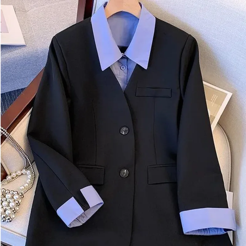 

Casual Temperament Long Sleeve Blazer Women Office Single Button Fake Two Pieces Elegant Vintage All-match Blazers New