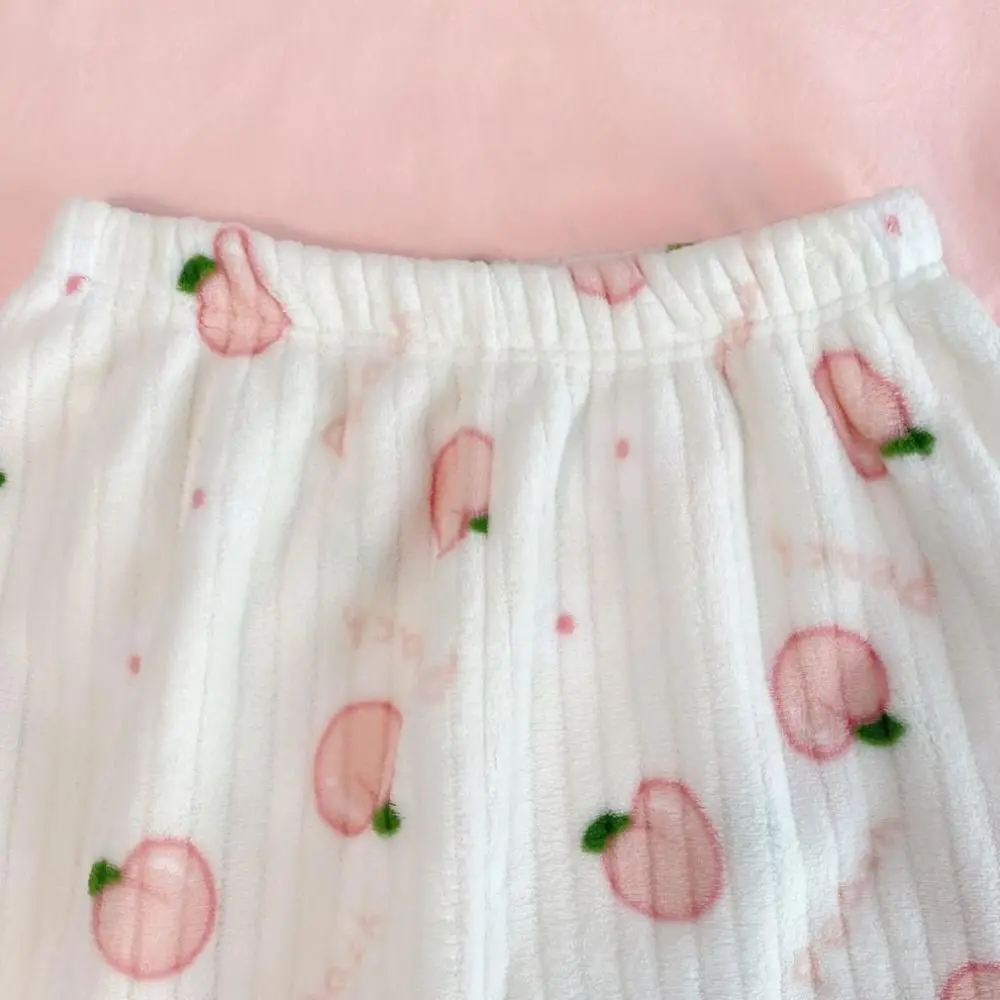 Kawaiii Bowknot Peach Pajama Pants Nightwears Loose Coral Fleece Pants Sweet High Waist Flower Fleece Trousers Daily